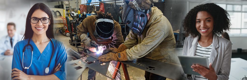 a female nurse, 2 welders, and a woman on an ipad all working happily. 3 seperate images blended into one.